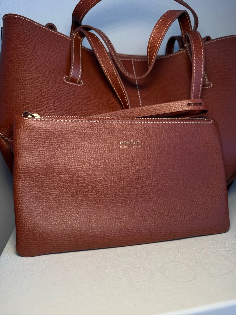 Polene Cyme Mini EDITION TEXTURED COGNAC Small Expandable Tote Hand/Shoulder Bag